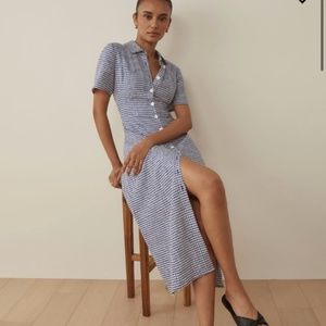 Reformation Marianne Blue check Linen Button Front Midi Dress sz 12 NWT